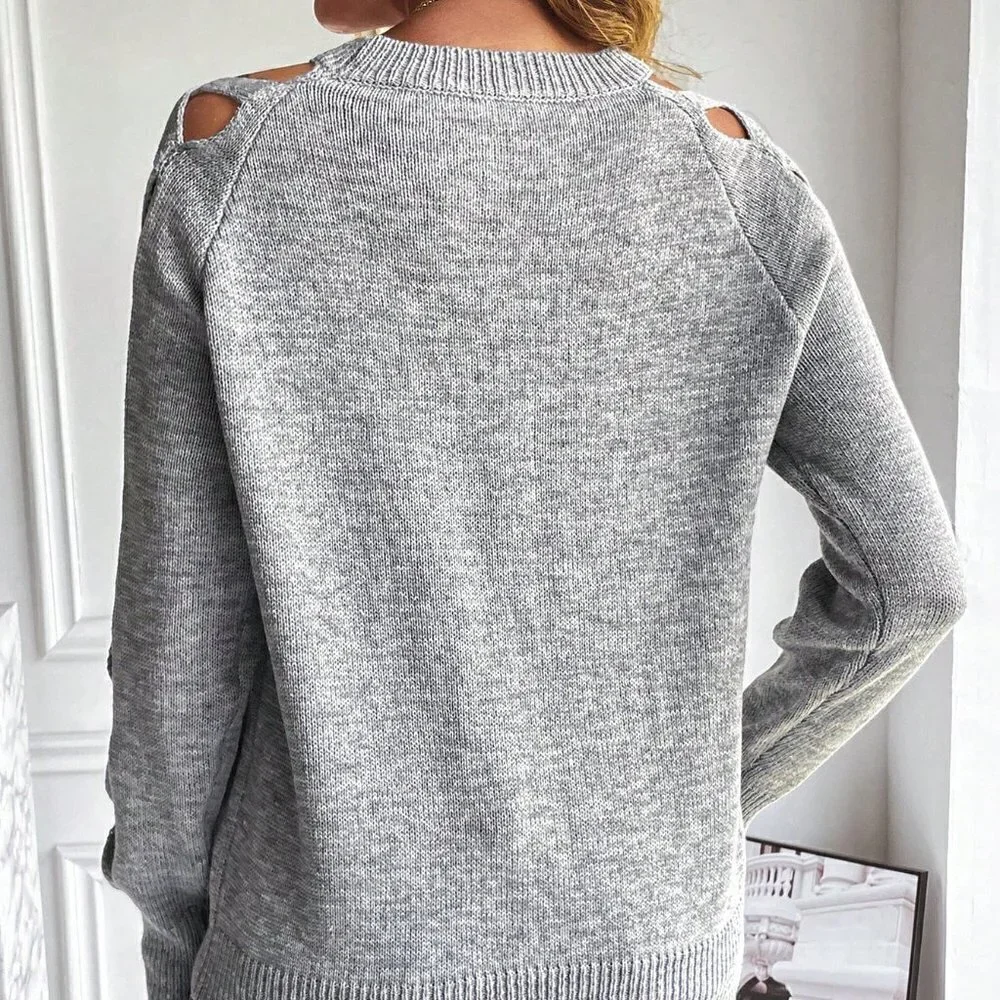 Grey Casual Womens Cut Out Raglan Sleeve Crisscross Sweater - Picture 2 of 5